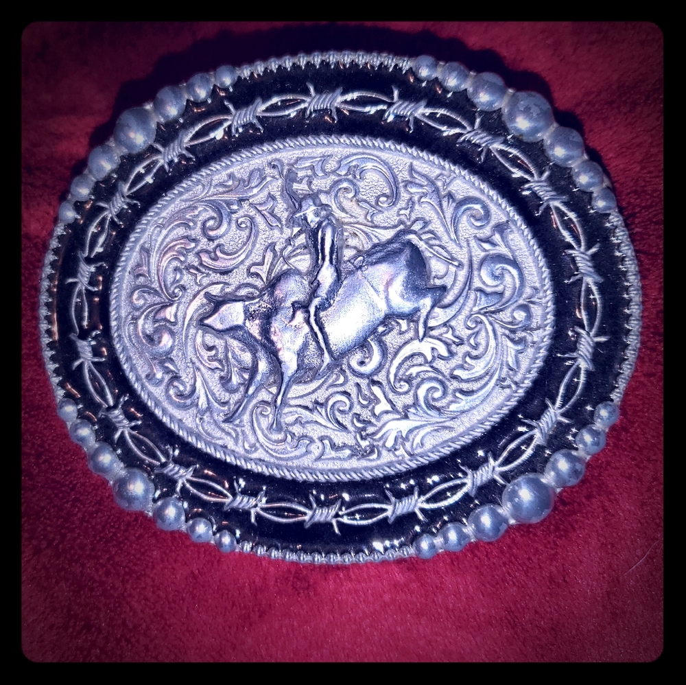 Pewter bull rider buckle, silver strike by 3D